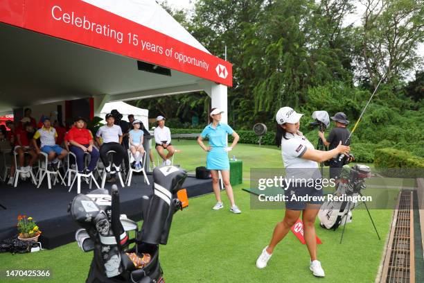 Amanda Tan of Singapore plays a shot during a HSBC Sport junior clinic prior to the HSBC Women's World Championship at Sentosa Golf Club on March 01,...