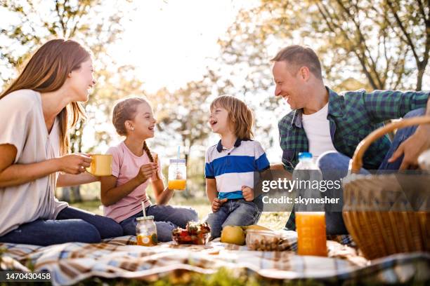 happy family enjoying in talk on a picnic in spring day. - picnic park stock pictures, royalty-free photos & images