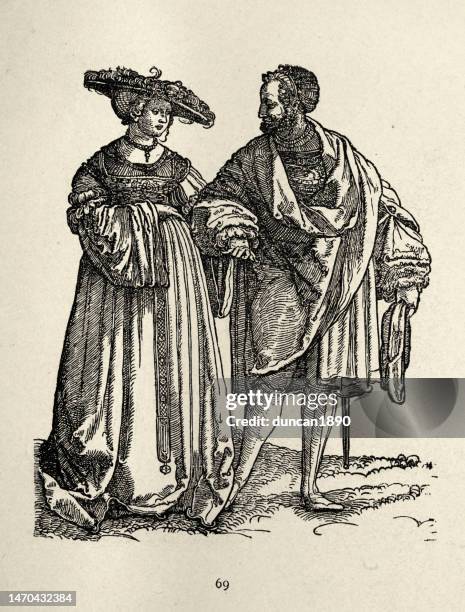 stockillustraties, clipart, cartoons en iconen met couple in historical costume, german, 16th century, wearing dress with wide brim hat, cloak and breeches - hoed met rand