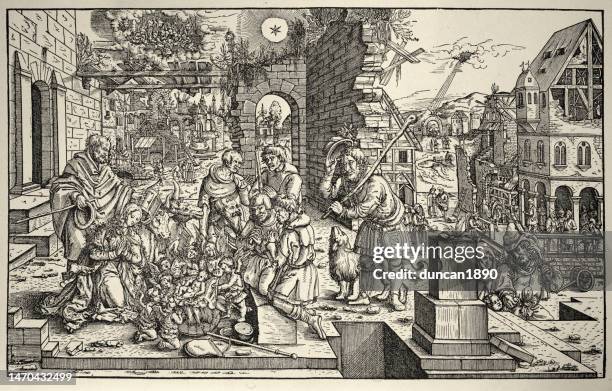 die anbetung der hirten, geburt jesu in der kunst, von lucas cranach, radierung, deutsch 16. jahrhundert - nativity scene painting stock-grafiken, -clipart, -cartoons und -symbole