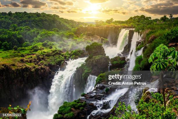 beautiful sunset at iguazu falls. traveling south america - wasserfall stock-fotos und bilder