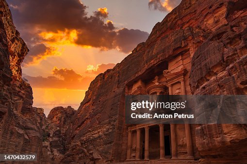 Al Khazneh - the Treasury, ancient city of Petra at sunset, Jordan