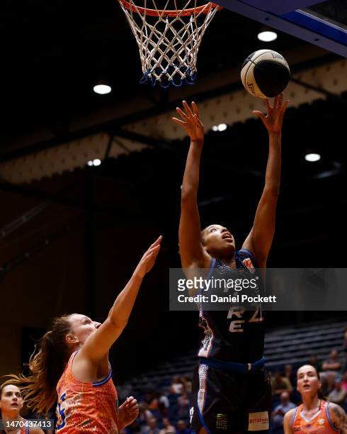 Tianna Hawkins of the Fire drives to the basket during the round16 WNBL match between Bendigo Spirit and Townsville Fire at Red Energy Arena, on...