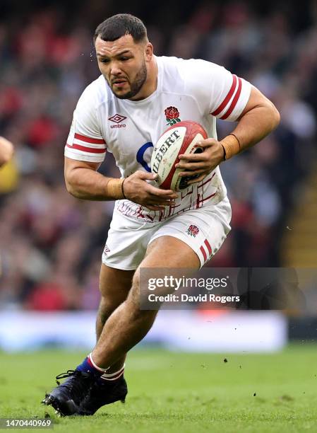 Ellis Genge of England runs with the ball during the Six Nations Rugby match between Wales and England at the Principality Stadium on February 25,...