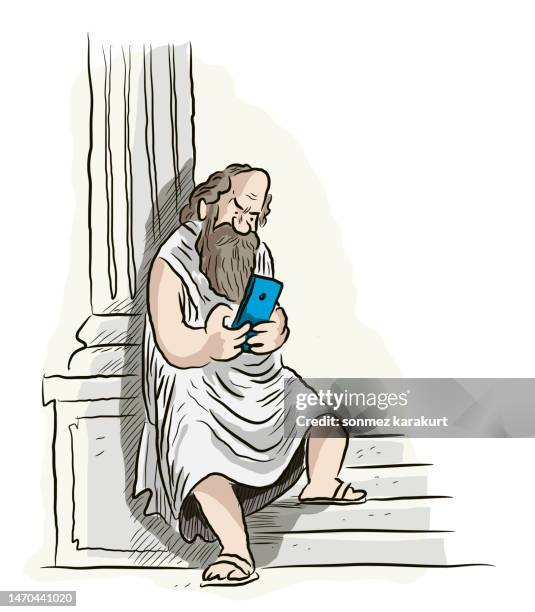 greek philosopher on social media with his smartphone - philosophy vector stock illustrations