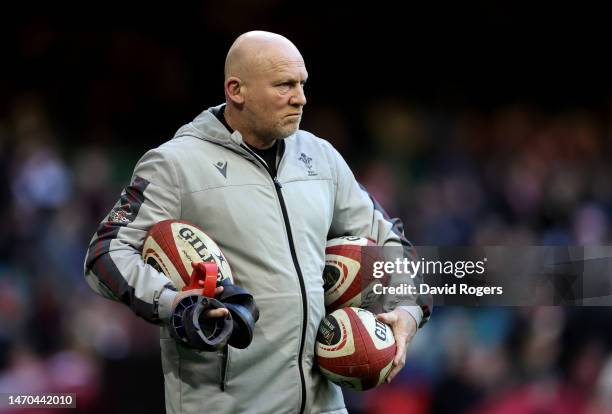 Neil Jenkins, the Wales kicking coach looks on in the warm up during the Six Nations Rugby match between Wales and England at the Principality...