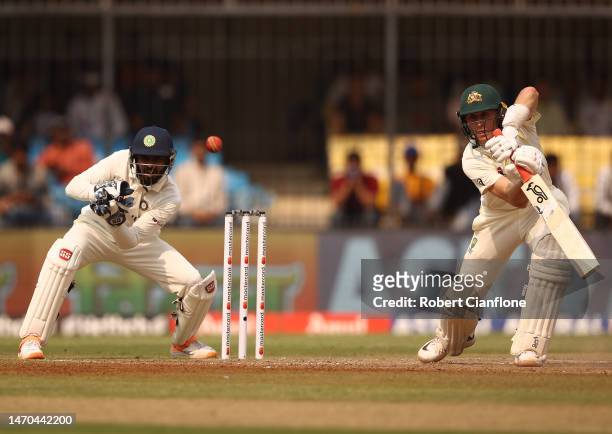 Marnus Labuschagne of Australia bats during day one of the Third Test match in the series between India and Australia at Holkare Cricket Stadium on...