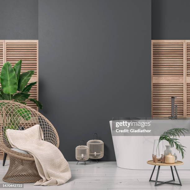 cozy retro-chic interior with an art deco rattan rounded wicker armchair, bathtub and potted plants, 50s- 60s decoration - tropiskt träd bildbanksfoton och bilder