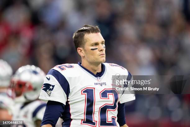 Tom Brady quarterback of the New England Patriots in action against the Atlanta Falcons in Super Bowl 51 at NRG Stadium on February 5, 2017 in...