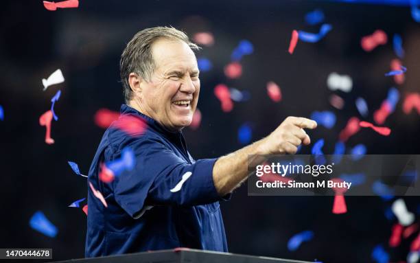 Bill Belichick head coach of the New England Patriots during the trophy ceremony for Super Bowl 51 at NRG Stadium on February 5, 2017 in Houston,...