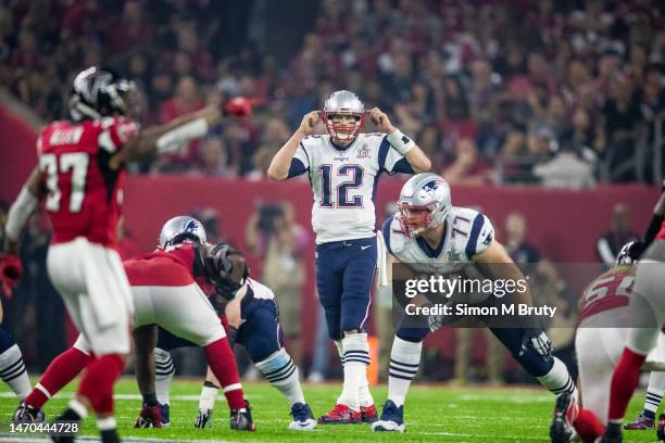 Tom Brady quarterback of the New England Patriots in action against the Atlanta Falcons in Super Bowl 51 at NRG Stadium on February 5, 2017 in...