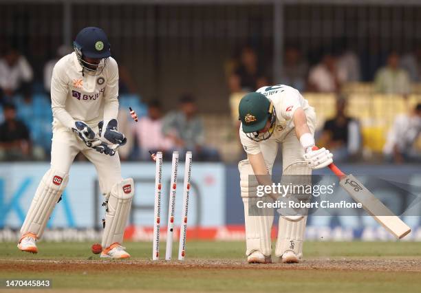 Marnus Labuschagne of Australia is bowled by Ravindra Jadeja of India during day one of the Third Test match in the series between India and...