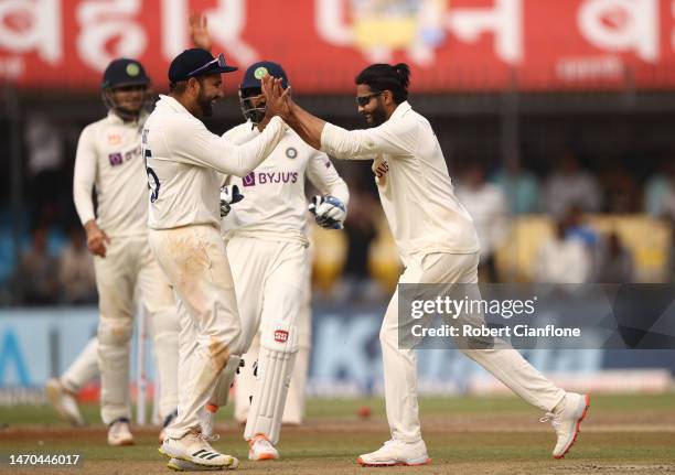 Ravindra Jadeja of India celebrates taking the wicket of Marnus Labuschagne of Australia during day one of the Third Test match in the series between...