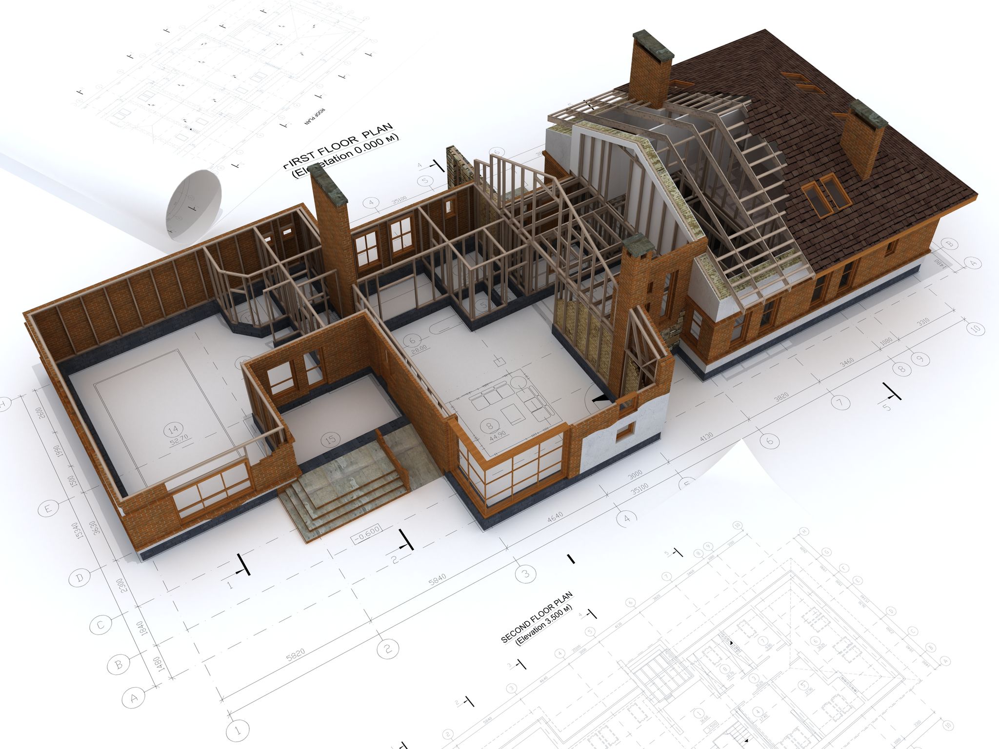 Generic Building Under Construction with Blueprints Isolated on White Generic Building Under Construction with Blueprints Isolated on White
