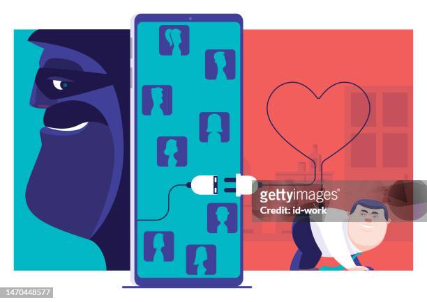 stockillustraties, clipart, cartoons en iconen met businessman online searching with plug on smartphone while hacker hiding - online dating