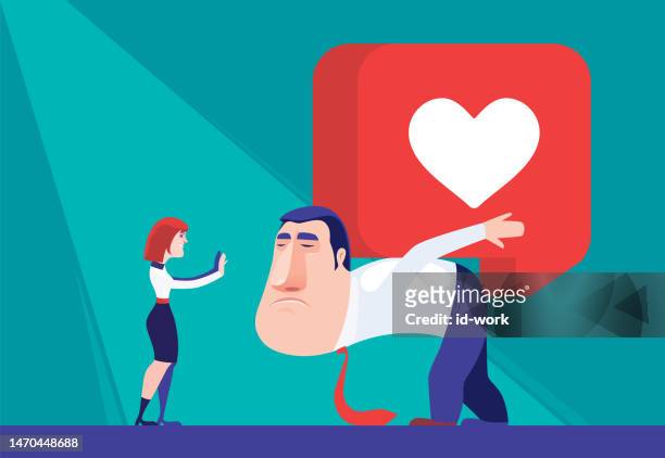 sad businessman carrying like icon and rejected by woman - frustration stock illustrations