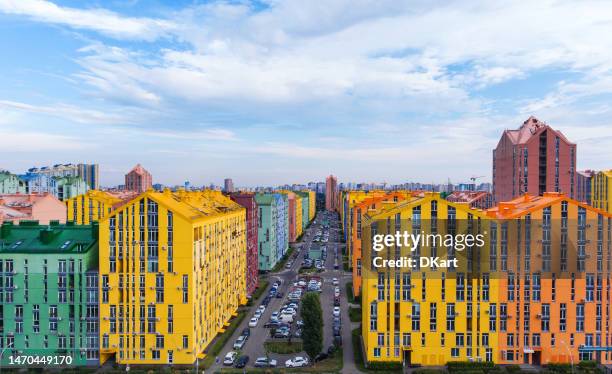 aerial view of a residential complex with rainbow houses on the left bank of kyiv - kyiv skyline stock pictures, royalty-free photos & images