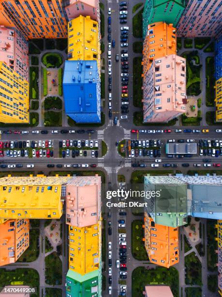 aerial view of a residential complex with rainbow houses on the left bank of kyiv - ukraine travel stock pictures, royalty-free photos & images