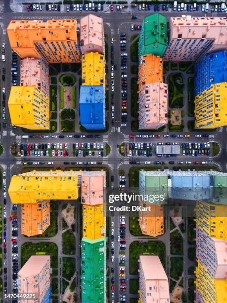 aerial view of a residential complex with rainbow houses on the left bank of kyiv - apartment cross section stock pictures, royalty-free photos & images