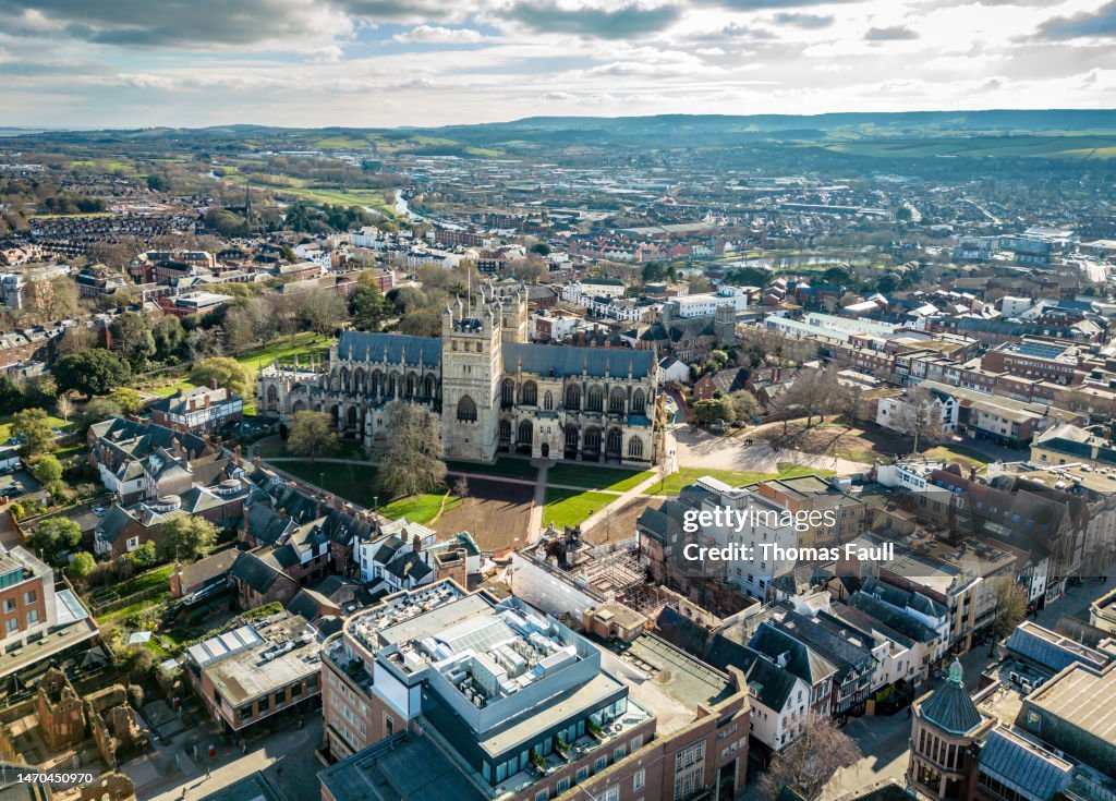 Exeter Cathedral and wider city in Devon