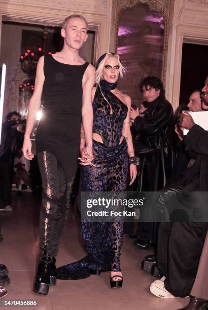 Dsigner Vincent Pressiat and Singer Halsey walcduring the Pressiat Womenswear Fall Winter 2023-2024 presentation as part of Paris Fashion Week on...