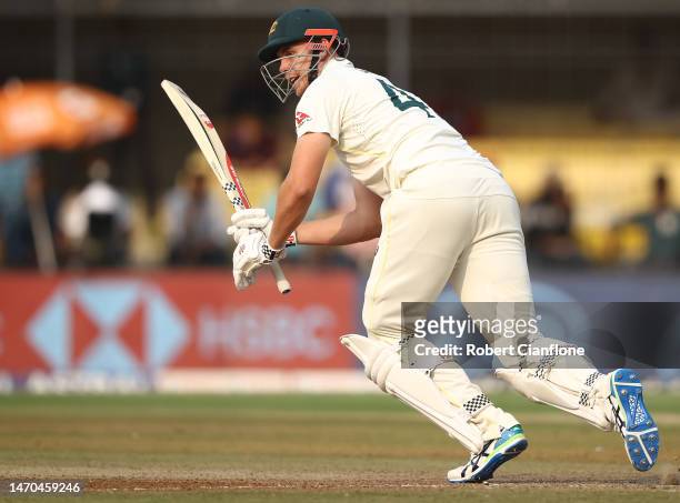 Cameron Green of Australia bats during day one of the Third Test match in the series between India and Australia at Holkare Cricket Stadium on March...