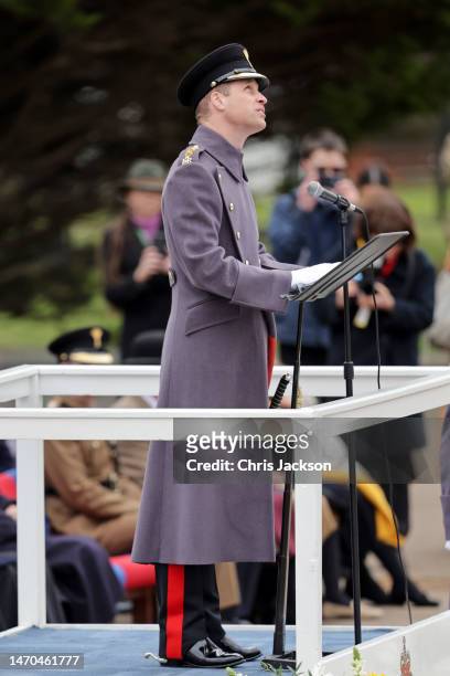 Prince William, Prince of Wales speaks at a lectern during a visit to the 1st Battalion Welsh Guards at Combermere Barracks for the St David’s Day...