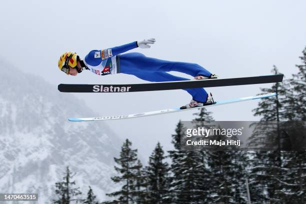 Arttu Maekiaho of Team Finland competes during the ski jumping leg of Nordic Combined Men's Team Large Hill HS138/4x5km at the FIS Nordic World Ski...