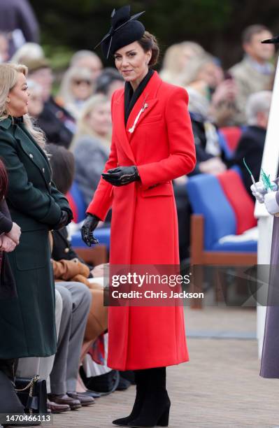 Catherine, Princess of Wales waering the traditional Leek during the Leek giving ceremony during a visit to the 1st Battalion Welsh Guards at...