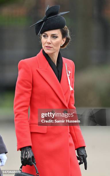 Catherine, Princess of Wales smiles during a visit to the 1st Battalion Welsh Guards at Combermere Barracks for the St David’s Day Parade, with...