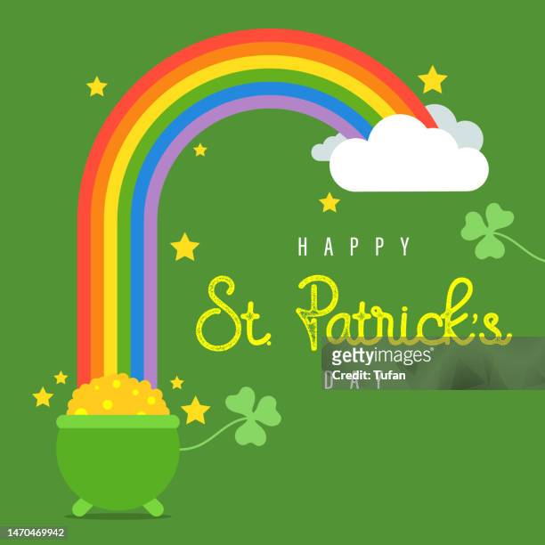 st patricks day rainbow and pot of gold - happy st. patrick's day clipart design - saint patrick day stock illustrations