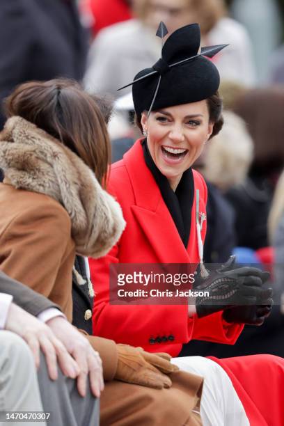 Catherine, Princess of Wales smiles in the audience during a visit to the 1st Battalion Welsh Guards at Combermere Barracks for the St David’s Day...