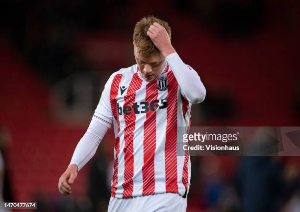 Sam Clucas of Stoke City looks dejected during the FA Cup Fifth Round match between Stoke City and Brighton & Hove Albion at Bet365 Stadium on...