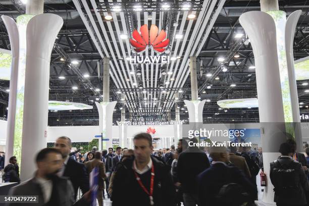 View of the Huawei Technologies Co. Booth on day 2 of the GSMA Mobile World Congress at Fira Barcelona on February 28, 2023 in Barcelona, Spain.