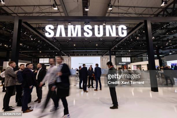 View of the Samsung Electronics booth on day 2 of the GSMA Mobile World Congress at Fira Barcelona on February 28, 2023 in Barcelona, Spain.
