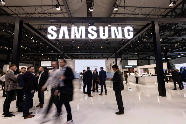 view of the samsung electronics booth on day 2 of the gsma mobile world congress at fira