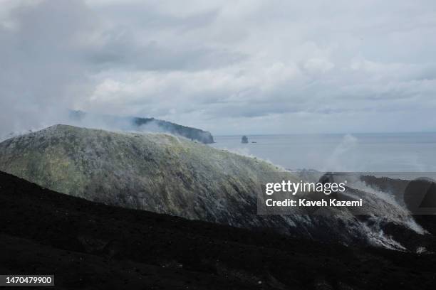 General view of Krakatau Island with the fumes of an active volcano on December 6, 2022 in Anak Krakatau, Indonesia. Anak Krakatau first emerged from...