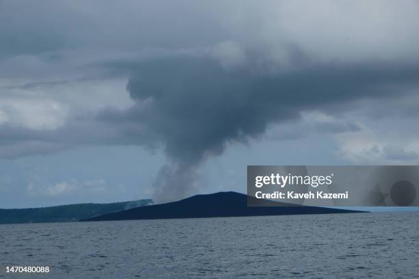 General view of Krakatau Island with the fumes of an active volcano on December 6, 2022 in Anak Krakatau, Indonesia. Anak Krakatau first emerged from...