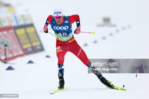 Johannes Hoesflot Klaebo of Norway approaches the finish line during the Cross-Country Men's 15km Individual Start Free at the FIS Nordic World Ski...