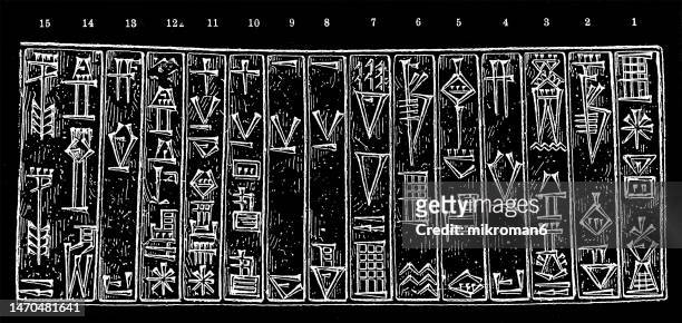 old engraved illustration of ancient babylonia hieroglyphs, ancient akkadian-speaking state and cultural area based in the city of babylon in central-southern mesopotamia - babylonia stock-fotos und bilder