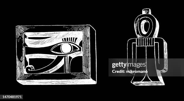 old engraved illustration of egyptian funerary amulets - african funeral stock pictures, royalty-free photos & images