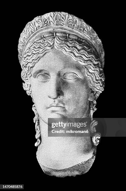 old engraved illustration of roman goddess juno or greek goddess hera - statues greek stock pictures, royalty-free photos & images