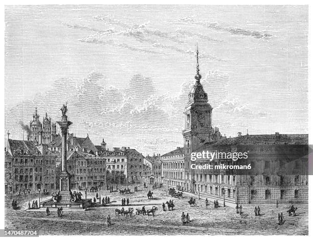 old engraving illustration of view of royal castle of warsaw, poland - daily life in warsaw poland stock-fotos und bilder