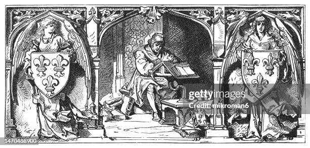 old engraved illustration of medieval scribe copying books by hand sitting at desk - scribe stock-fotos und bilder