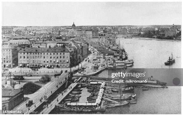 old engraved illustration of panorama of stockholm (capital and largest city of sweden) - stockholm cityscape stock pictures, royalty-free photos & images