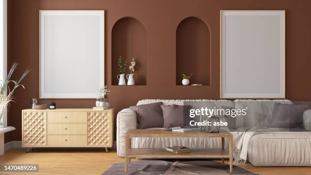 modern scandinavian style living room with two empty mock-up picture frames - home copy space stock pictures, royalty-free photos & images