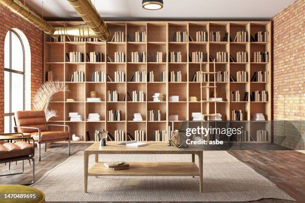 sala di lettura o interno della biblioteca con poltrona e libreria in pelle - bookshelf foto e immagini stock