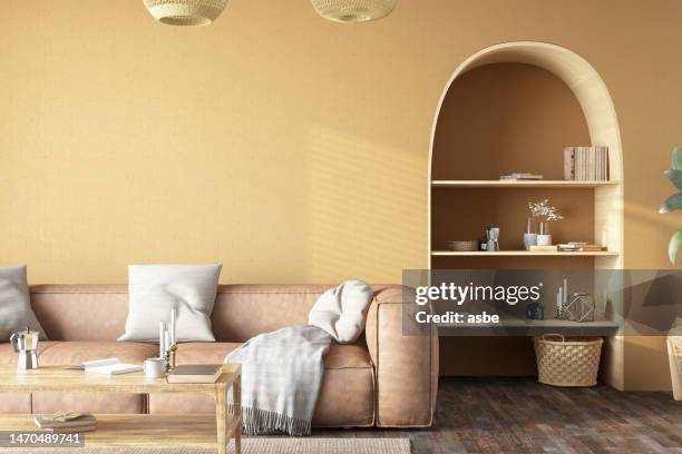 retro style living room with leather sofa and beige walls - sectional sofa stock pictures, royalty-free photos & images
