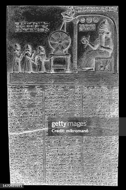 old engraved illustration of document of the babylonian king nabupaliddin (879 - 855 bc) found in the sun temple at sippar - babylonia stock pictures, royalty-free photos & images