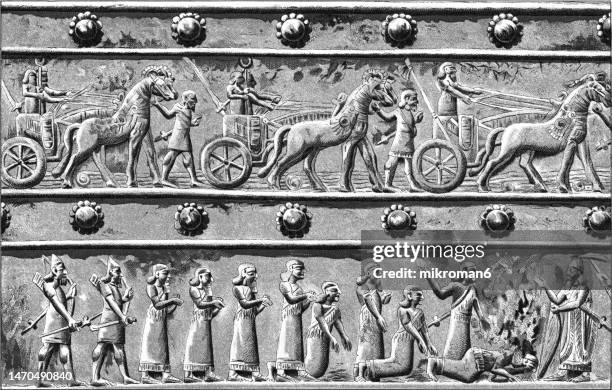 old engraved illustration of bronze door reliefs of shalmaneser iii, tell balawat (imgur-enlil) - sumerian art stock-fotos und bilder